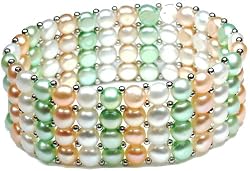 4 Rows of Fresh Water White/Beige/Copper/Teal Colored Pearls with Sterling Silver