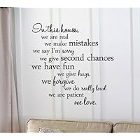 In this house...we are real we make mistakes we say I'm sorry we give second chances we have fun we give hugs we forgive we do really loud we are patient we love. Vinyl wall art Inspirational quotes and saying home decor decal sticker