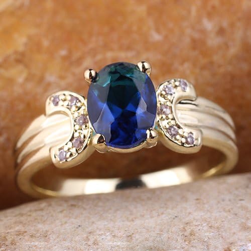 Sterling Silver Yellow Gold Plated Oval-Shape Simulated Blue Sapphire Ring for Mother Size 6