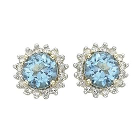14K Yellow Gold 0.12 ct. Diamond and 1 1 5 ct. Prong Set Blue Topaz Earrings by Blue-Topaz Sets