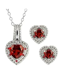 3.90 Ct Heart Shape Red Garnet Gemstone Sterling Silver Pendant Earrings Set