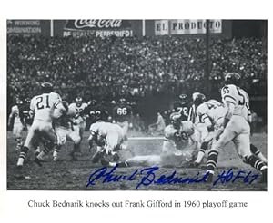 Chuck Bednarik (Football HOF) Autographed/ Original Signed 8x10 Action-photo Showing His Knockout of Frank Gifford in the 1960 Playoff Game between the Philadelphia Eagles and New York Giants