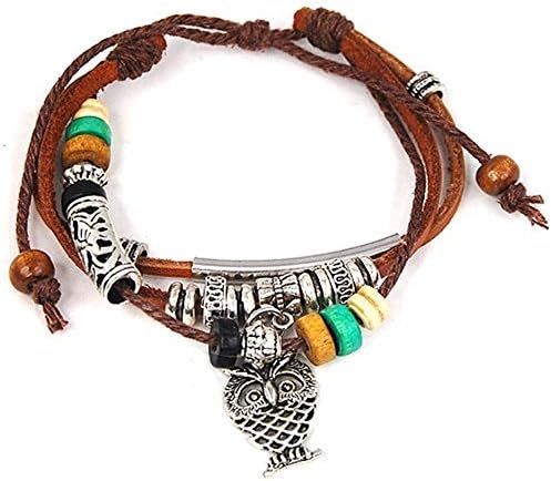 Owl Pendant Wooden Beads Alloy Beads Multi-layer Leather Bracelet
