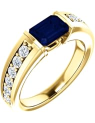 10K Yellow Gold 7.00x5.00mm Emerald Cut Chatham Created Sapphire and Diamond Ring -- LIFETIME WARRANTY