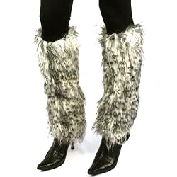 Winter Faux Fur Animal Print Dance Ski Leg Warmer Boot Shoe Cover Leopard White