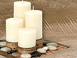 Set of 4 Different size Wrapped Pillar Candles with Bamboo Mat and Decorative Stones