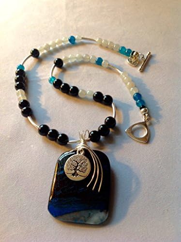 Black Fire Agate Pendant Necklace, Natural Gemstone. Boho Chic, Sterling Silver, Tree of Life Charm, Gift Idea, Free Shipping