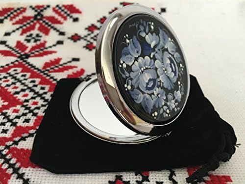 Mirror Makeup Compact Cosmetic Portable Round Pocket Handmade Souvenir Petrikivka Ukrainian "Blue Flowers" for women