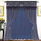 Darcy Blue Chrysanthemum Flower Flocking Panel with Taffeta Backing Window Curtain / Drape Set with Valance