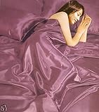 Plum Satin 6Pcs Fitted Sheet Duvet Quilt Cover Bed Set, Double