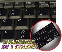 SPANISH (LATIN AMERICAN) NON-TRANSPARENT KEYBOARD STICKER FOR LAPTOP, DESKTOP WITH WHITE LETTERING AND BLACK BACKGROUND
