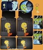 9PC Tweety Bird Cage Front Rear Floor Mats, Seat Covers, Steering Wheel Cover, CD Sun Visor & Key Chain