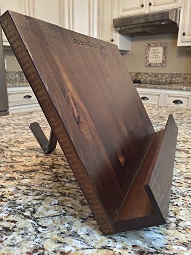 Cookbook Stand - cutting board style, laser engraved, rustic distressed wood with hand bent steel backrest