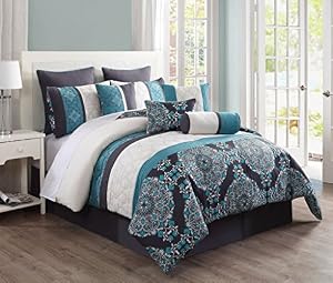 10 Piece Queen Justine Charcoal and Teal Reversible Comforter Set