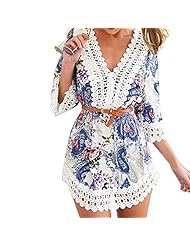 V-neck Chiffon 3/4 Sleeves General Print Lace Above the Knee Mini Dress 