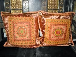 Sequin Embroidery Sari Toss Flame Orange Cushion Covers