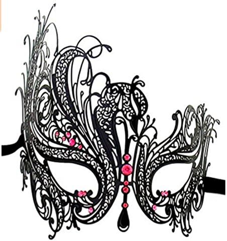 Women's Black Swan Metal Filigree Laser Cut Venetian Masquerade Mask delicately and artfully crafted with Rhinestones (Black Swan mask with Hot pink stones)