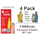 4 VAS Childrens 40" X 60" Emergency Child / Kid Rain Poncho - Assorted Colors