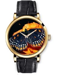 SPRAWL Aanalog Fashion Series Gold Ladies Watches of Genuine Black Leather Strap,Unique Wrist Watch for Women Girls Designed with Black butterfly on a flower