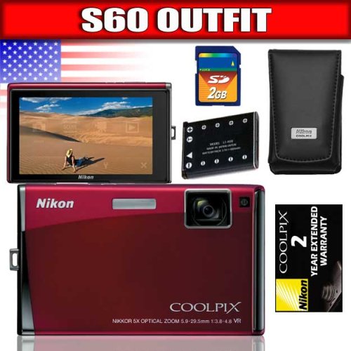 Nikon Coolpix S60 10MP Digital Camera with 5x Optical Vibration Reduction (VR) Zoom (Crimson Red) Package 1