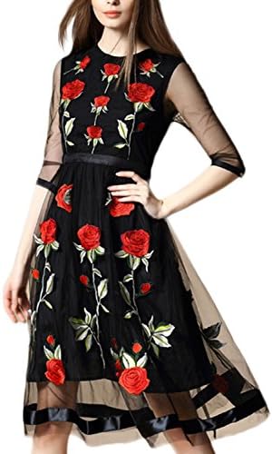 TDress Womens Fashion Dresses Tulle with Red Roses Embroidery Midi Dress Size L Black