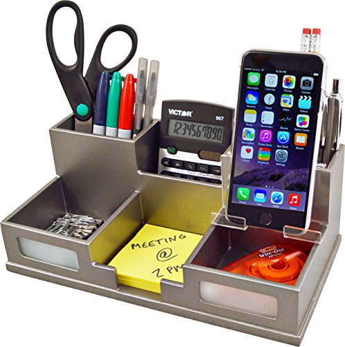 Victor® Wood Desk Organizer with Smart Phone Holder, Classic Silver, S9525