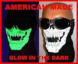 Glow in the Dark Skull Face Mask Motorcycle Biker Bandana Wind Scarf Paintball Airsoft Vampire Skeleton Fangs USA American Made 100% Cotton Black White Paintball Airsoft ATV Ski Snowmobile Hunters