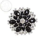 Silvertone Tone Black Crystal Flower Brooch Pin
