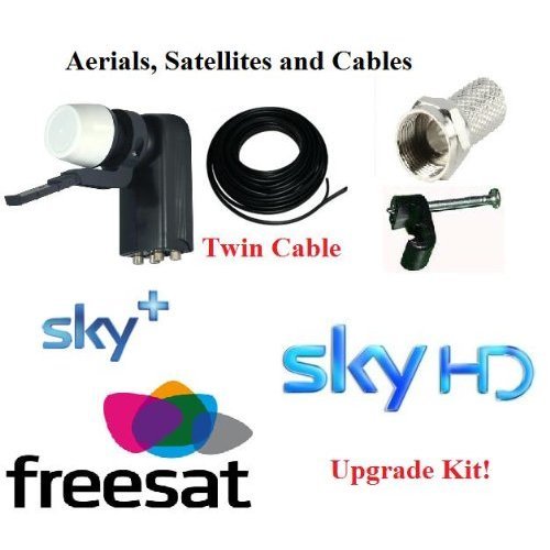 Sky Upgrade Kit, Quad LNB, 30m Twin Digital Cable in black, clips etc by Aerials, Satellites & Cables