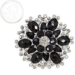 Silvertone Tone Black Crystal Flower Brooch Pin