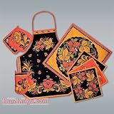 Russian KHOKHLOMA Style Apron Napkin Pot Holder SET 8 [Set includes: 1 apron, 3 pot holders, 1 large napkin, 3 small napkins/Material: 100%/linen/Made in Russia] [This set includes necessary items for any kitchen, made out of high-quality 100% linen fabric and, in this case, cheerfully decorated with classic Khokhloma style . The apron is simply adorable, and the potholders - in their different shapes - make it easy to safely grasp any pot or pan. An amusing, useful and welcome gift to build an atmosphere of warmth and comfort in your home]