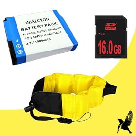 Halcyon 1500 mAH Lithium Ion Replacement Battery + 16GB SDHC Class 10 Memory Card + Waterproof Floating Strap for GoPro HD Hero, HD Hero2, HD HERO Naked