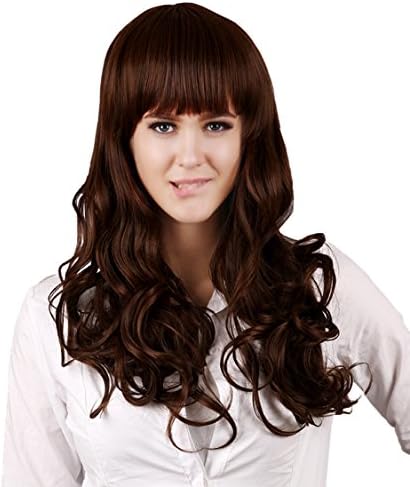 Women's Full Long Natural Curly Wavy with Bangs Synthetic Wig + Wig Cap + Hair Clip