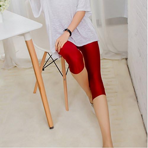 ESCENTO High Fashion Shiny Metallic Cropped 3/4 Below Knee Capri Length Silky Cotton Leggings - 2015 Summer Must Have! (Burgundy Red)