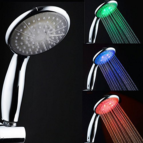 CoZroom Chrome Showerhead with Red/Green/Blue LED -Water Powered,Color Changing, Tempuratue Control, Heat Sensor, Handheld LED Showerhead