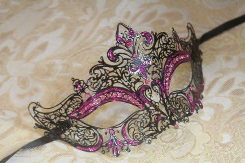 Mysterious Black w/ Pink with Gem and Glitter Laser Cut Venetian Swan Design Masquerade Mask for Mardi Gras Or Halloween