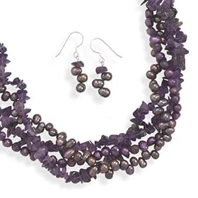 Amethyst and Cultured Freshwater Pearl Necklace and Earring Set by West Coast Jewelry