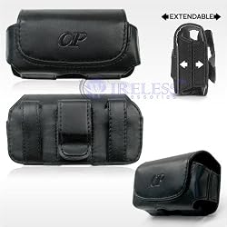 Black Leather Horizontal Extendable Cover Pouch Belt Clip for Samsung Rugby A837, Highnote M630, Glyde U940, Nokia 5610 XpressMusic, Motorola Rapture VU30, Adventure V750, W755, Z6w, LG Chocolate 3 VX-8560 VX8560, Decoy VX-8610 VX8610, BlackBerry Pearl Flip 8220, Sony Ericsson W760, W350, Sanyo PRO-200