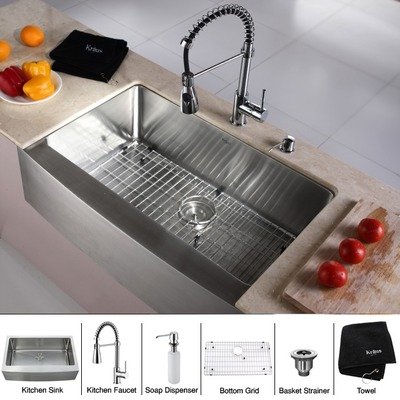 Kraus Stainless Steel Farmhouse Kitchen Sink Chrome Faucet/Dispenser, Chrome