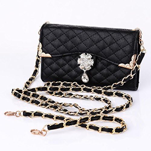 Multi-purpose Fashion Diamond Lattice Cell Phone Pouch Folio Flip PU Leather Case Wallet Cover for Samsung Galaxy S4 i9500 with Multiple ID Card Holders & Long Strap & Money Pocket & Bling Flower Design - Black