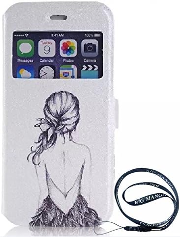 Fashion Touch Front Smart Window View Case Flip Folio Textured Leather Cover for Apple iphone 6plus (5.5") with Build in Stand and Display Window + "Big Mango" Logo Strap