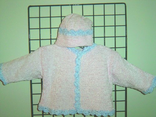 Ck7, Knitted on Hand Knitting Machine Finished By Hand Crochet Baby Pink Chenille Blue Pecot Trim Infant Girls Cardigan Hat Set