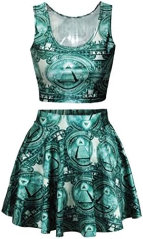 KTMod Womens Print Crop Tank Top/Pleated Skater Skirts Set US Dollars Print One Size