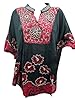 Poncho Top Blouse Black Green Batik Print Embroidered