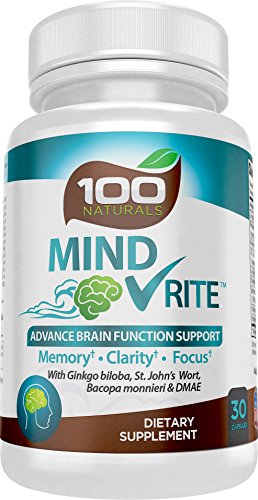 100% Natural Brain Function Support for Memory, Focus & Clarity - All-in-One Mental Performance Supplement, With Ginkgo Biloba, St John s Wort, DMAE, L-Glutamine, Bacopa & More, By 100 NATURALS