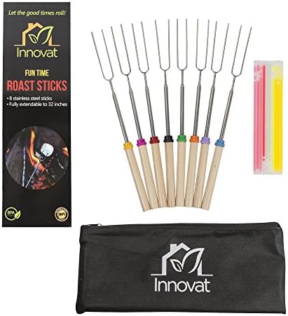 Marshmallow Roasting Sticks New Bundle - Best Of Camping, BBQ &amp; Grilling Fun - Set Of 8 Steel Forks - 32 Inch Extendable - Also Perfect For Smores Hot Dogs - BONUS Set of 10 Multi-Color Glow Sticks