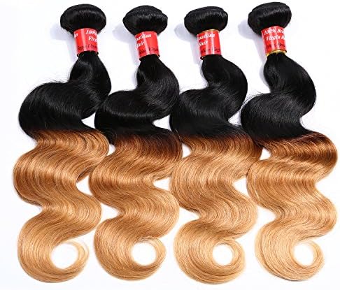 Brazilian Virgin hair, Exbe Hair Brazilian Ombre Virgin Hair 16 18 20 22 Inch Body Wave Weft Mixed Bundles 100% Human Hair Extensions #1b/27 Color