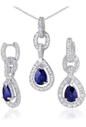 Created Sapphire Pendant Earrings Necklace Set Sterling Silver Tear Drop