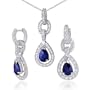 Alluring Design Pear Checkerboard Shape Created Blue Sapphire Pendant Earrings Set in Sterling Silver
