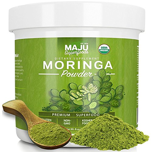 MAJU’s Organic Moringa Powder NONGMO, Guaranteed Purest, 100 Raw